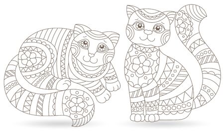 Set of stained glass elements with contour cats , isolated images on white backgroundのイラスト素材