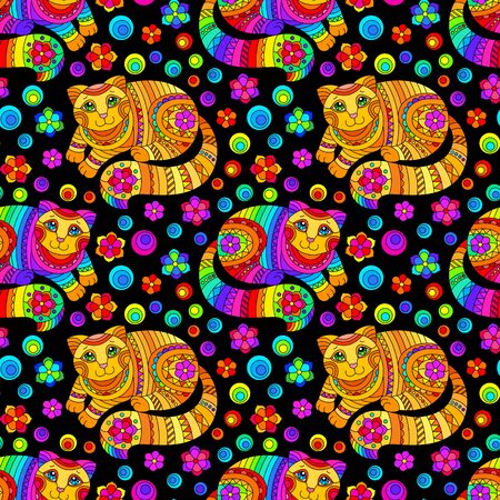Seamless pattern with bright cats and flowers in stained glass style on a dark backgroundのイラスト素材