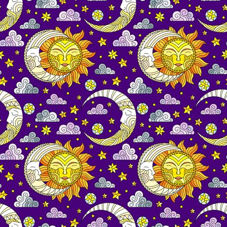 Seamless pattern with sun and moon on a dark blue sky background with stars and cloudsのイラスト素材