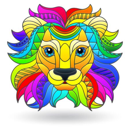 Illustration in stained glass style with a lion's head, a rainbow portrait of an animal isolated on a white backgroundのイラスト素材