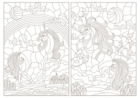 Set of contour illustrations in stained-glass style unicorns on the background of landscapes, dark contours on a white backgroundのイラスト素材