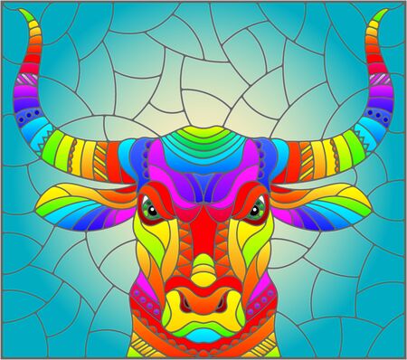 Illustration in the style of stained glass with abstract rainbow  bull head on a blue background rectangular imageのイラスト素材