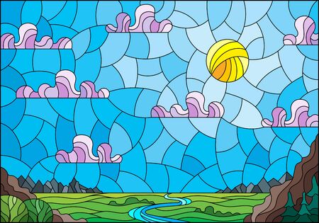Illustration in stained glass style with the meandering river on a background of mountains, forests and Sunny skyのイラスト素材