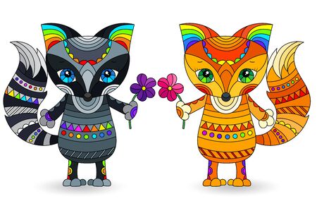 Set of illustrations in stained glass style with abstract cartoon Fox and raccoon isolated on a white backgroundのイラスト素材
