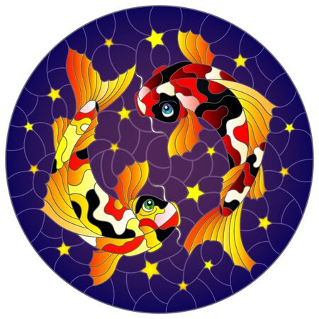 Illustration in stained glass style with two koi carp fish on a blue background with stars, round imageのイラスト素材