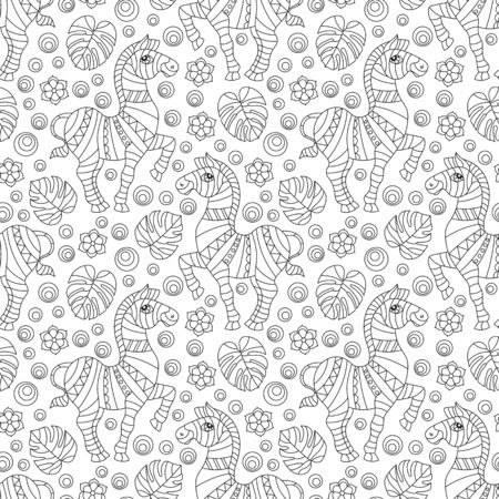 Seamless pattern with zebras,   animals, flowers and leave,dark contour images on a white backgroundのイラスト素材