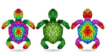 Set of illustrations in a stained glass style with bright turtles, isolated on a white backgroundのイラスト素材