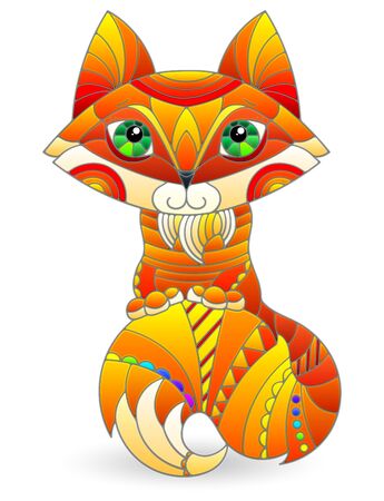 A stained glass illustration with an abstract cute cartoon Fox isolated on a white backgroundのイラスト素材