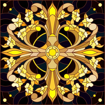 Illustration in stained glass style with floral ornament ,imitation gold on dark background with swirls and floral motif, square imageのイラスト素材