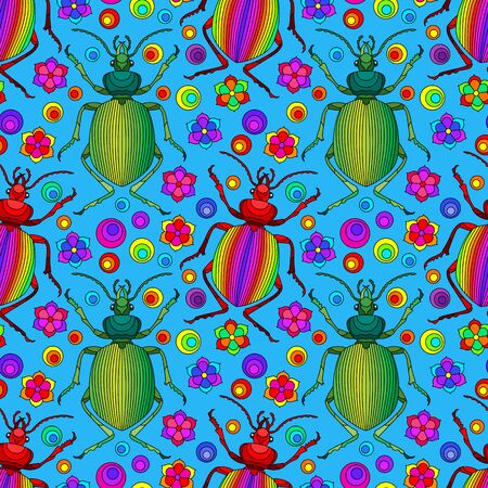 Seamless pattern with beetles, deer and flowers, bright insects on a blue backgroundのイラスト素材