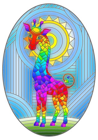 Illustration in stained glass style giraffe abstract rainbow geometric background with sun, oval imageのイラスト素材