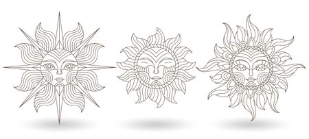A set of stained-glass contour suns with faces on a white background isolatesのイラスト素材