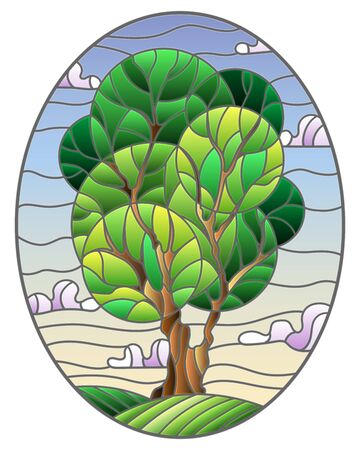 Illustration in stained glass style with tree on sky background,oval imageのイラスト素材