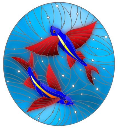 Illustration in the style of stained glass with two flying fishes on the background of water and air bubbles, oval imageのイラスト素材