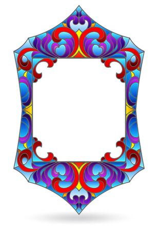 Illustration in stained glass style with frame with abstract swirls and leafes on a blue backgroundのイラスト素材