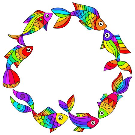 A set of illustrations in a stained glass style with bright rainbow abstract fish isolated on a white backgroundのイラスト素材