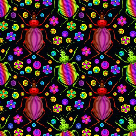 Seamless pattern with beetles, deer and flowers, bright insects on a dark  backgroundのイラスト素材
