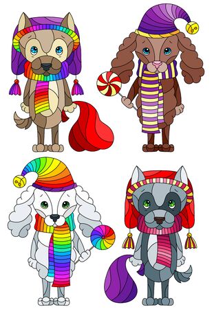Set of illustrations in stained glass style with funny cartoon dogs, animals isolated on a white backgroundのイラスト素材