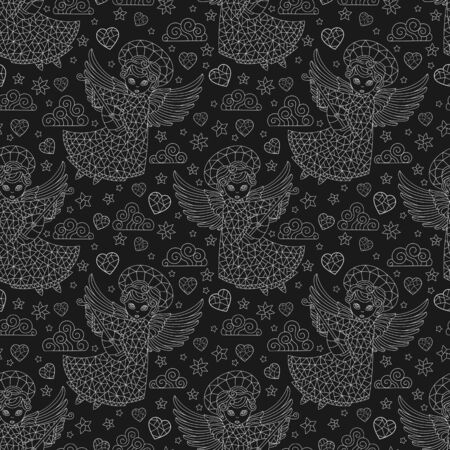 Seamless pattern on the theme of Easter day, cute angels and hearts, light contours on a dark backgroundのイラスト素材