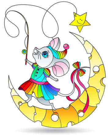 Stained glass illustration with a bright mouse with a fishing rod on the moon, isolated on a white backgroundのイラスト素材