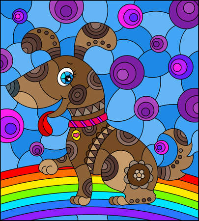 Illustration in stained glass style with abstract cute, brown dog on a sky background with rainbowのイラスト素材
