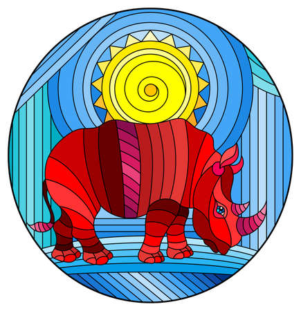 Illustration in stained glass style with funny red rhino and sun on abstract blue background, oval imageのイラスト素材
