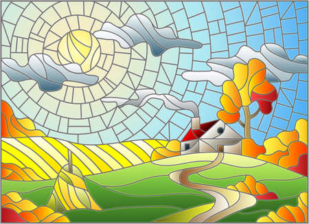 The image in the stained glass style landscape with a autumn landscape, windmill on a background of sky and sunのイラスト素材