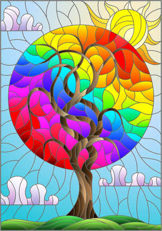Illustration in stained glass style with an abstract round rainbow tree on a background of cloudy sky and sunのイラスト素材