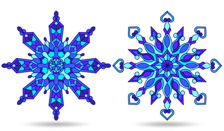 Set of illustrations in stained glass style with openwork snowflakes, isolated on a white backgroundのイラスト素材