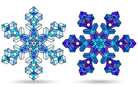Set of illustrations in stained glass style with openwork snowflakes, isolated on a white backgroundのイラスト素材