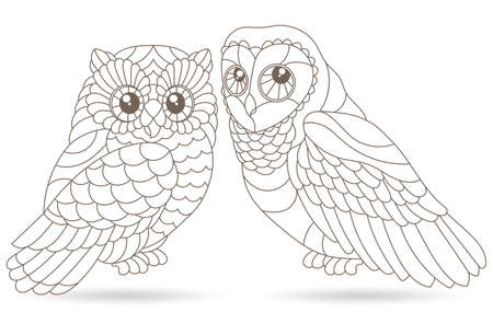 Set of stained glass elements with owls, contour birds isolated on white backgroundのイラスト素材