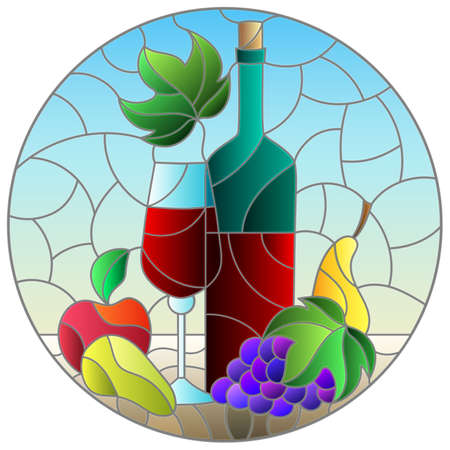 Stained glass illustration with still life, wine bottle, glass and fruit, round imageのイラスト素材