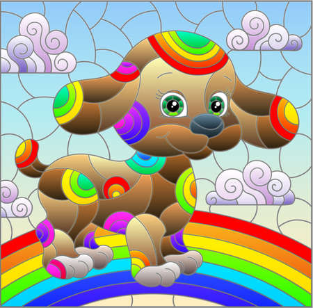Illustration in stained glass style with abstract cute, brown dog on a cloudy sky background with rainbowのイラスト素材