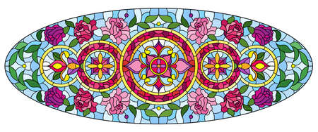 Illustration in the stained glass style with an abstract flower arrangement on a light blue background, oval horizontal imageのイラスト素材