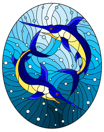 Illustration in the style of stained glass with swordfish on the background of water and air bubbles, oval imageのイラスト素材