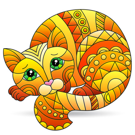 Illustration in stained glass style with an abstract red cat isolated on a white backgroundのイラスト素材