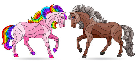 Set of illustrations in stained glass style with horses isolated on a white backgroundのイラスト素材