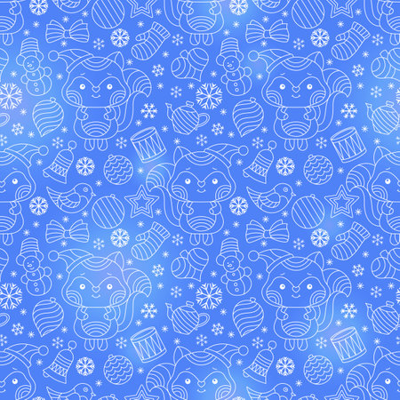 Seamless pattern on the theme of New year and Christmas, contour Christmas tree toys, raccoons, Foxes and snowflakes, light outlines on a blue backgroundのイラスト素材