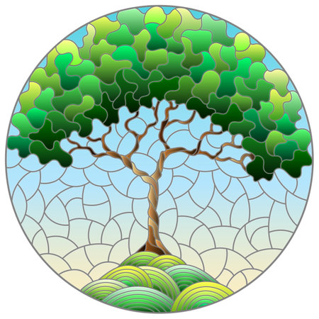 Illustration in stained glass style with an abstract round green tree on a background of blue sky, round imageのイラスト素材