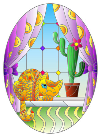 Illustration in stained glass style with a red cat and a pot with a cactus on the background of a window and curtains, oval imageのイラスト素材