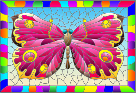 Illustration in stained glass style with a bright pink butterfly on a blue background in a bright frame, rectangular imageのイラスト素材