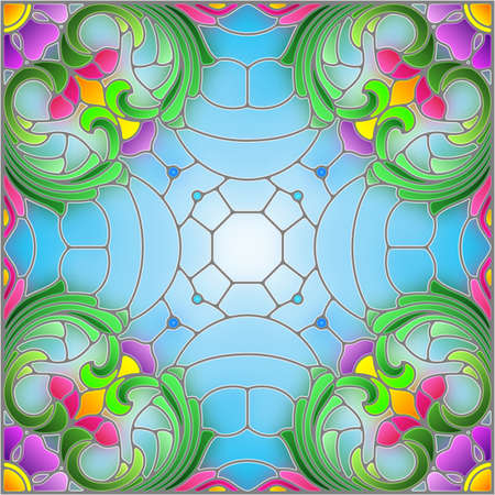 Illustration in the stained glass style with an abstract flower arrangement on a blue background, square imageのイラスト素材