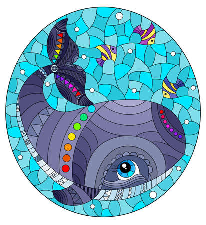 Stained glass illustration with an abstract cartoon gray whale and fish on a background of water and air bubbles, oval imageのイラスト素材
