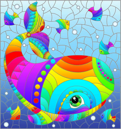 Stained glass illustration with an abstract cartoon rainbow whale and fish on a background of water and air bubblesのイラスト素材