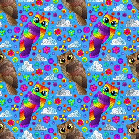 Seamless pattern with a cute bright owls, flowers and clouds on a blue sky backgroundのイラスト素材