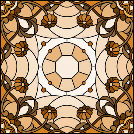Illustration in the stained glass style with an abstract flower arrangement on a light background, square image, monochrome, tone brownのイラスト素材