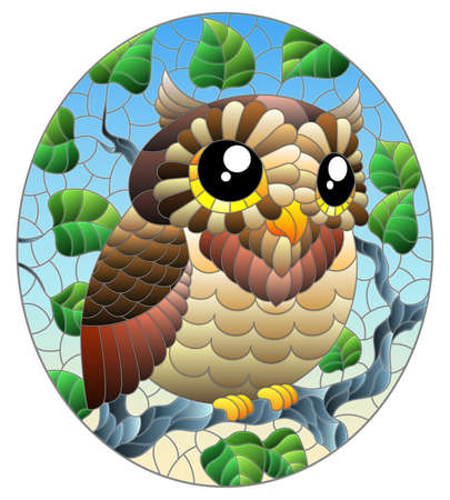 A stained glass illustration with a cute cartoon brown owl sitting on a tree branch against a blue sky background, oval imageのイラスト素材