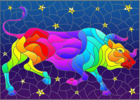 Illustration in stained glass style with an abstract rainbow bull on the background of the night sky and starsのイラスト素材