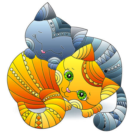 A stained glass illustration with a pair of bright cartoon kittens, isolated on a white backgroundのイラスト素材