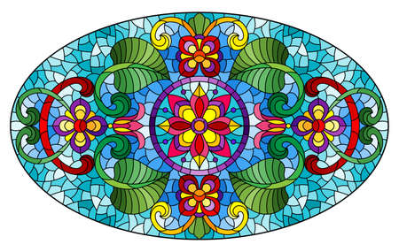 Illustration in stained glass style with abstract flowers, leaves and curls on a blue background, horizontal oval imageのイラスト素材